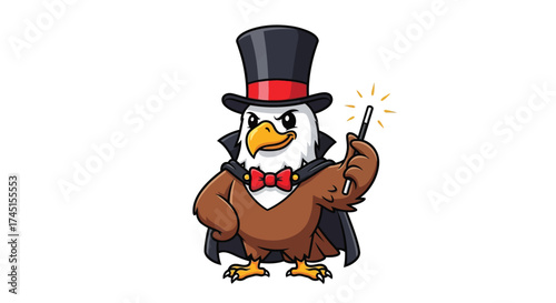 A cartoon eagle dressed as a magician, wearing a top hat, cape, and bow tie, holding a sparkling magic wand.