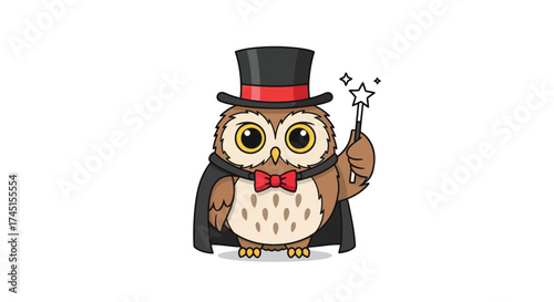 An adorable cartoon owl wearing a top hat, cape, and bow tie, holding a magic wand.