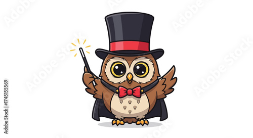 Cartoon owl magician wearing a top hat, cape, and bow tie, holding a magic wand.