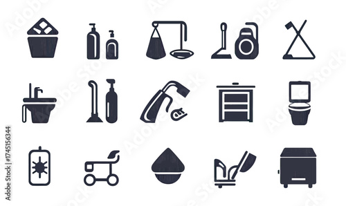 Set of sixteen flat solid black cleaning service icons including laundry basket, soap dispensers, mop, vacuum cleaner, sink, spray bottle, trash bin, toilet, floor squeegee, and sponge
