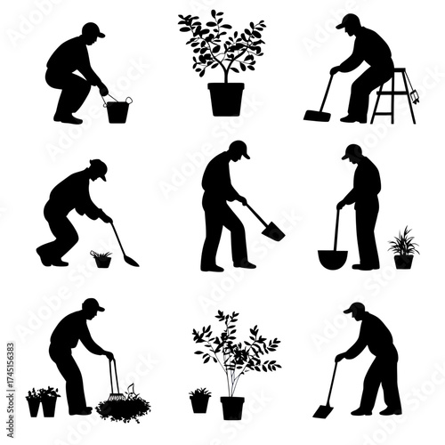 Set of nine black silhouettes of gardeners planting, digging, raking soil, caring for potted plants, performing garden work in minimalist flat vector style