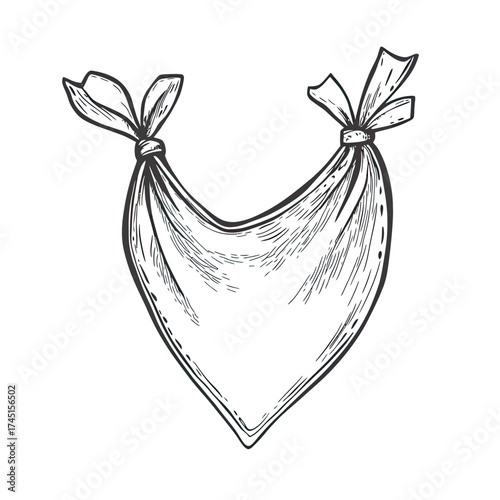 Hand drawn bandana scarf tied at corners in black ink sketch style isolated on white background cowboy accessory western neckwear doodle vector illustration