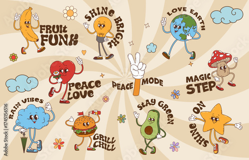 Retro y2k groovy stickers with cartoon heart, avocado, burger, mushroom and earth planet characters spread positive messages like peace love, stay green and grill chill. Vector psychedelic patches set