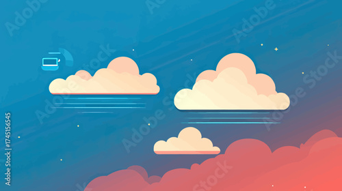Minimalist flat vector illustration of cloud computing with digital device symbol, soft gradient sky background, abstract technology concept design for data storage and internet services