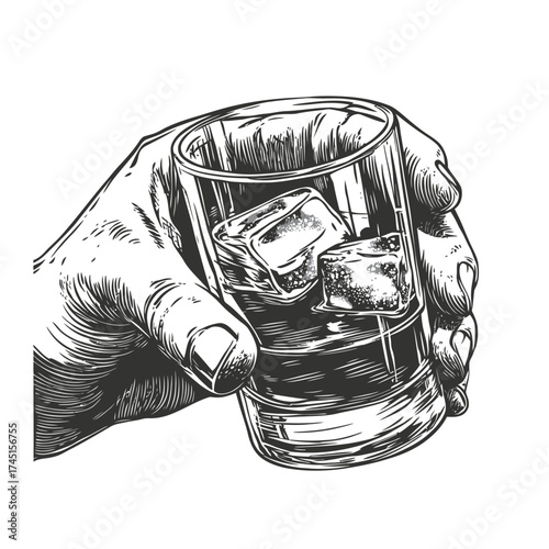 Hand holding glass with whiskey and ice cubes detailed black and white engraving style illustration for relaxation and celebration concept drink vector