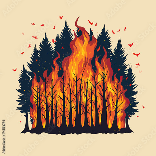 Forest fire illustration with bright orange flames engulfing bare and evergreen trees in flat minimalist vector style depicting wildfire destruction and environmental danger