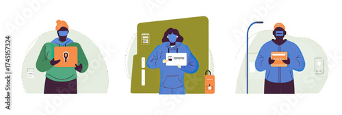 People using password security and data protection services with digital padlock icons and information shields in flat minimal style vector illustration