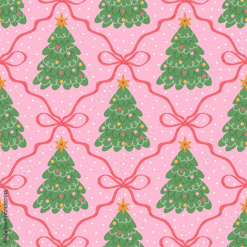 Christmas cute seamless pattern with bows, ribbons and Christmas trees. Xmas coquette retro print. Preppy trendy holiday background. Vintage damask design for fabric, wrapping paper, textile.
