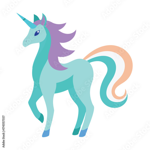 Colorful Unicorn Vector Illustration, Fantasy Magic Horse Character in Flat Style on White Background