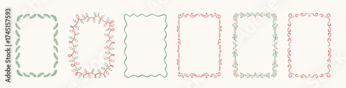 Set of vintage doodle hand drawn Xmas borders with branches Christmas tree, whimiscal lines, decorative patterns, mistletoe, lights garland. Trendy holiday frames for poster, card, invitation.