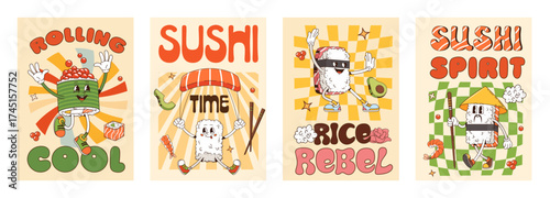 Groovy japanese sushi and roll character posters. Retro y2k funny asian cuisine food vector posters of cartoon groovy nigiri, gunkan and onigiri sushi characters with chopsticks, salmon and avocado
