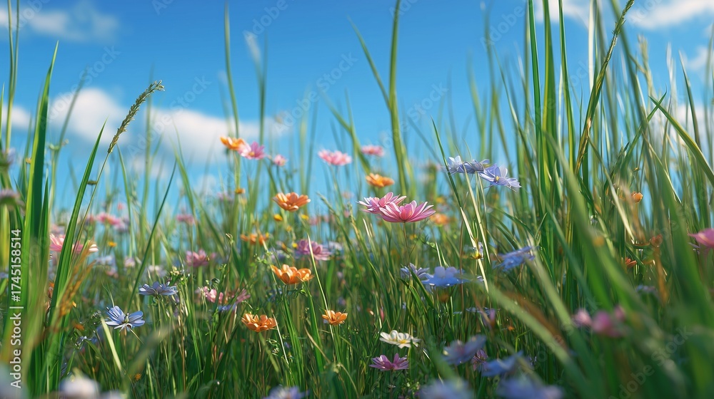 Fototapeta premium Bright wildflowers bloom among the tall green grass under the blue sky. The wildflowers and the green grass contrast with the vibrant hues of the blue sky.