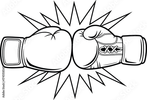 Boxing gloves clash illustration, sports concept design, powerful punch line art, fighting energy drawing, competition symbol for strength and teamwork
