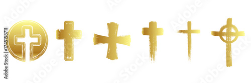 Golden Spray paint graffiti element set of Christian cross with grungy texture. Grunge golden ink graphic symbols of church isolated on white background for printing on t shirt