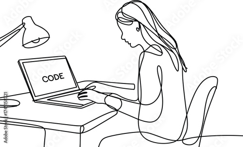 Continuous line art of woman coding on laptop, software developer illustration, digital technology creativity and programming concept for web design