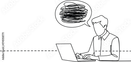 Continuous line drawing of stressed man working on laptop with messy thought bubble, workplace stress, anxiety, burnout, mental health concept