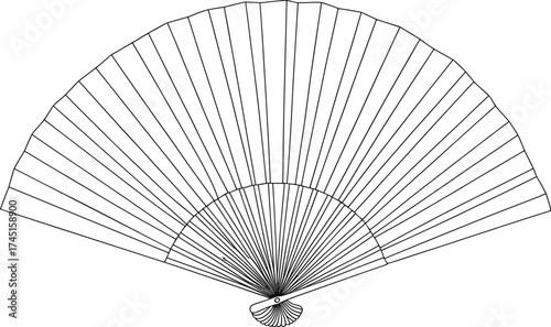 Hand fan illustration, folding fan drawing, traditional accessory outline, vintage fan design, oriental style art, black and white vector