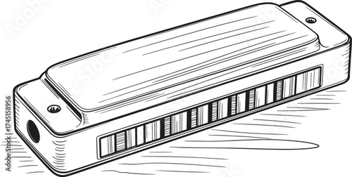 Harmonica illustration, musical instrument drawing, mouth organ sketch, black and white vector art, music tool design, vintage style outline