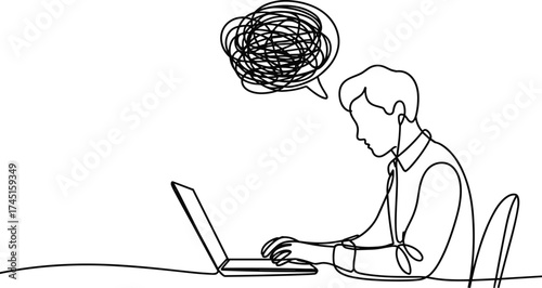 Stressed man working on laptop, continuous line art illustration showing confusion, frustration, burnout, mental overload, stress management, work pressure concept