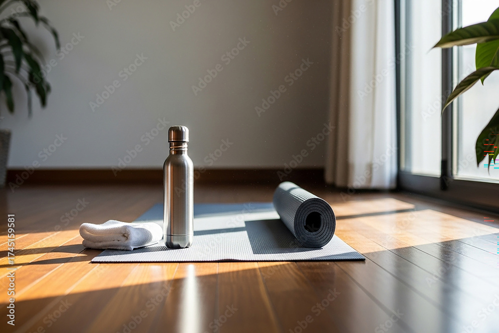 Fototapeta premium Metallic water bottle towel yoga mat rolled up yoga mat
