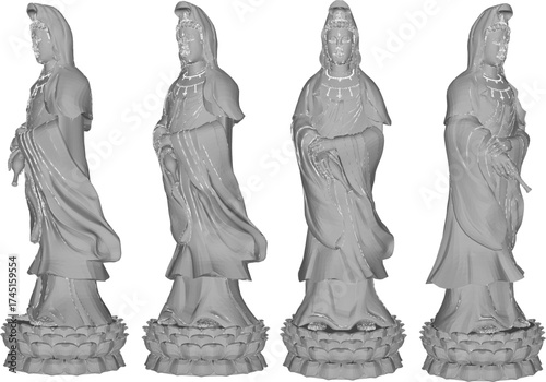 Vector sketch illustration silhouette design of the statue of the most famous and highly revered Bodhisattva goddess Kwan Im in Mahayana Buddhism standing on a lotus