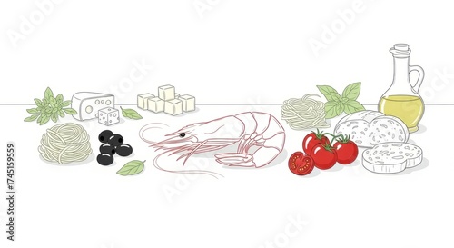 Italian food ingredients collection with shrimp and pasta. Mediterranean cuisine elements with fresh vegetables and cheese for recipe.