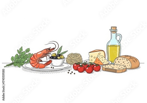 Italian food ingredient illustration with shrimp, pasta, cheese, olives, tomato, bread, and oil for recipe concept.