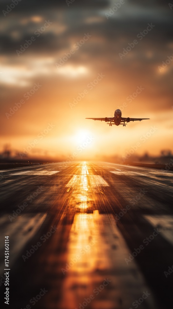 Fototapeta premium Blurred runway background under golden sunrise, faint airplane silhouette ready for takeoff, mood of progress and new beginnings, cinematic depth with wide copy space.