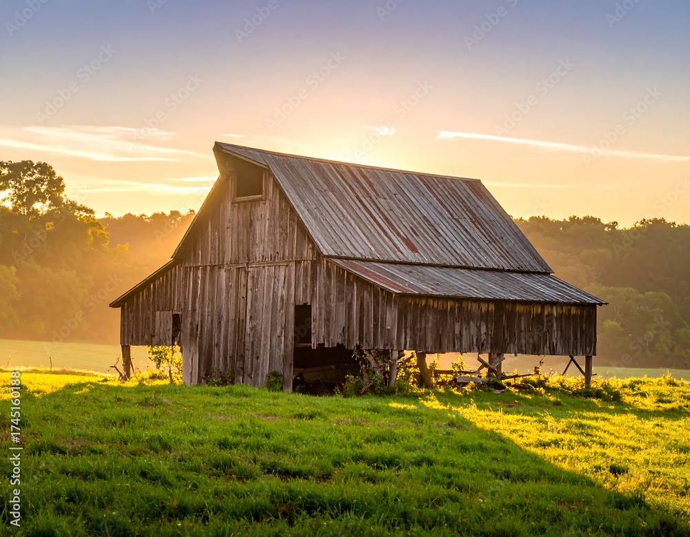 Obraz premium Rustic wooden barn at sunrise