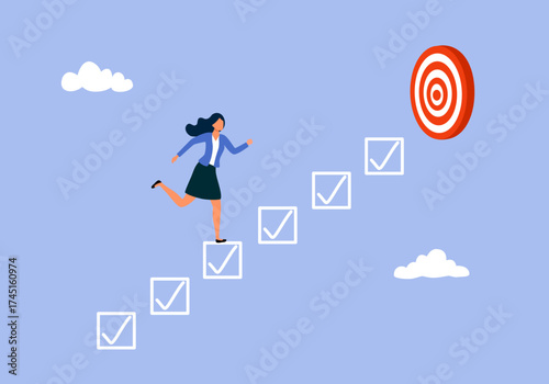 Project management, task tracking or work progress, tracking finish or completed tasks, planning or productivity concept. Businesswoman running on completed checkbox to reach goal.