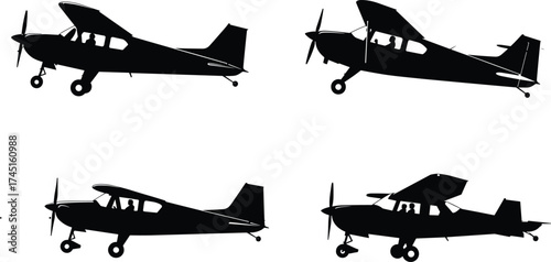 Small propeller airplane silhouettes, aviation aircraft side view vector, flight design illustration for travel and transport projects