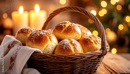 Festive baked goods in a wicker basket, bathed in warm light, with blurred Christmas lights in the background