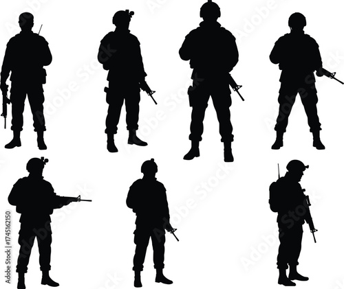Soldier silhouettes, armed forces, military personnel, tactical poses, rifle, defense, security, army uniform, combat stance, war concept, protection, discipline