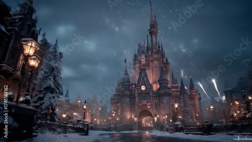 Fantasy castle winter scene architectural beauty snow sky and medieval design
