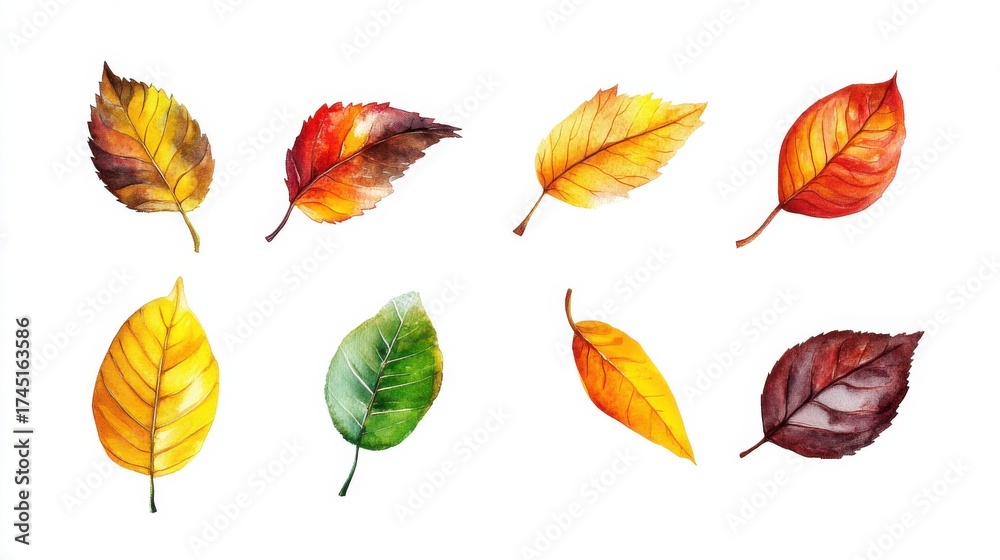 Obraz premium Colorful autumn leaves illustration on white background