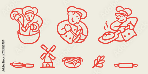 Illustration of baker activity cooking home made bread with icon collection of bakery shop. Modern doodle outline simple bold style baking design set element 