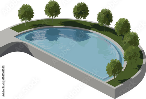 Isometric 3d illustration of curved swimming pool with clear blue water, minimal trees, modern landscape design, outdoor relaxation area