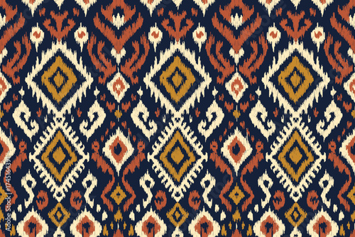 Ikat embroidery with an ethnic oriental pattern and traditional Aztec geometric art ornament. Designed for carpets, covers, wallpapers, wrapping paper, fabric, and clothing.