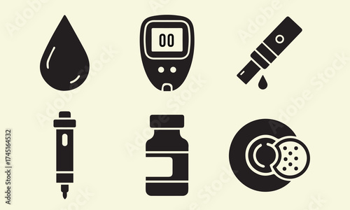 Black and white icons representing diabetes management tools and blood glucose monitoring items.