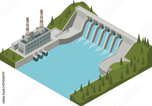 Isometric 3d illustration of hydroelectric power plant with dam, flowing water, green hills, renewable energy concept, modern engineering design
