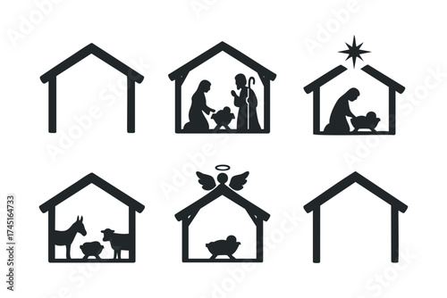 Nativity scene icon collection for festive decoration and design. Set of 6 black Christmas icons