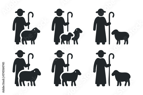 Shepherd and sheep illustration for rural themes and designs. Set of 6 black Christmas icons