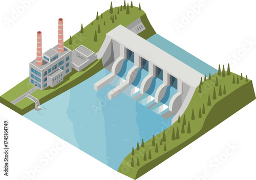 Isometric 3d illustration of hydroelectric power plant with dam, flowing water, green hills, renewable energy concept, modern engineering design