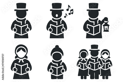 Christmas carolers singing together in festive attire. Set of 6 black Christmas icons