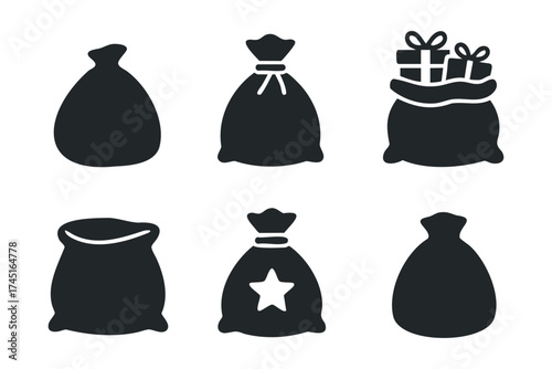 Different styles of bags for various purposes and occasions. Set of 6 black Christmas icons