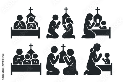 Prayer and worship symbols for faith community and family gatherings. Set of 6 black Christmas icons