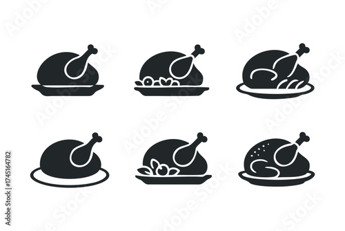 Delicious roasted chicken dishes for festive occasions and meals. Set of 6 black Christmas icons