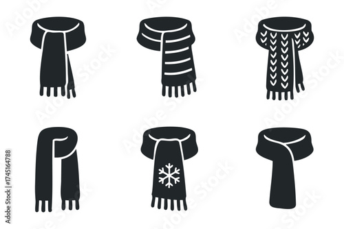 Various scarf designs for winter fashion and cozy outfits. Set of 6 black Christmas icons