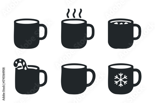 Hot beverages winter collection for cozy moments and holidays. Set of 6 black Christmas icons
