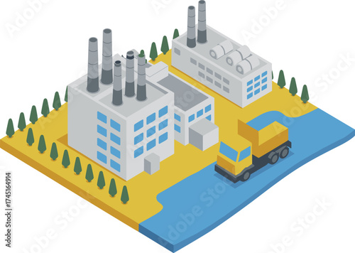 Isometric 3d illustration of industrial park with factories, chimneys, smoke stacks, truck, river, modern manufacturing area, production facility